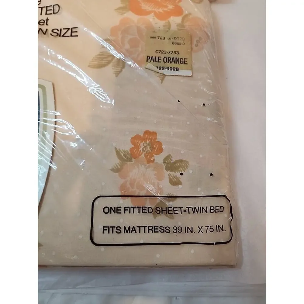 Vtg JCPenney No Iron Percale Fitted And Flat Sheets Floral Pale Orange Salmon